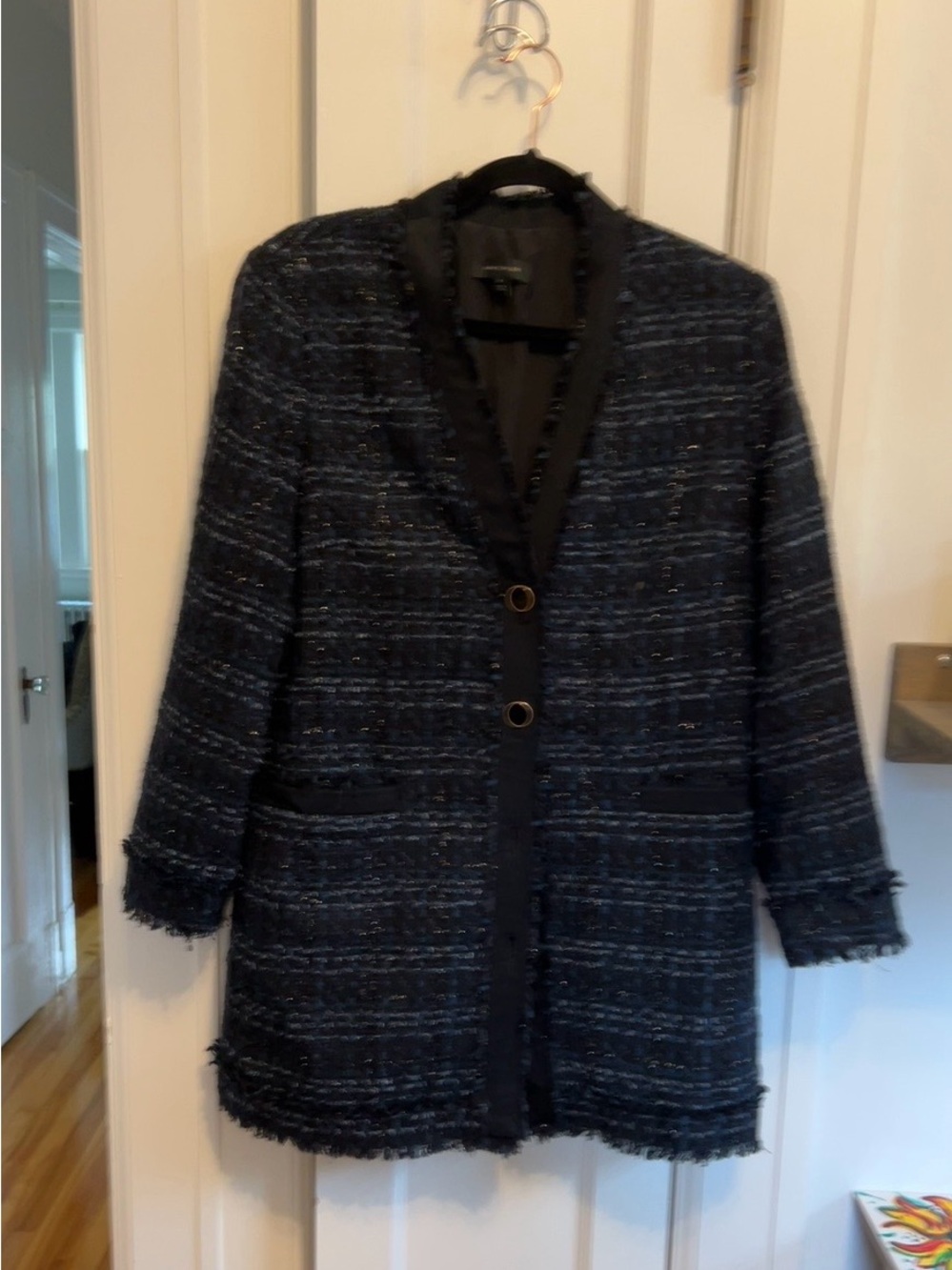 Ann Taylor Navy Tweed Fringe-Trim Blazer